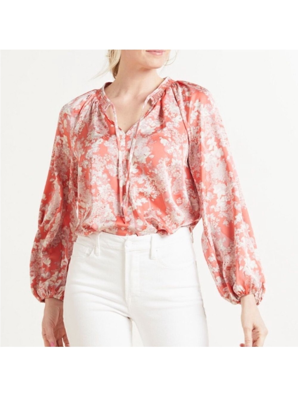 Evereve Coral Pink Floral Tie-Neck Blouse